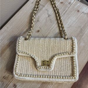 Elegant Cream Woven Handbag w/ Gold & Pearl Accents